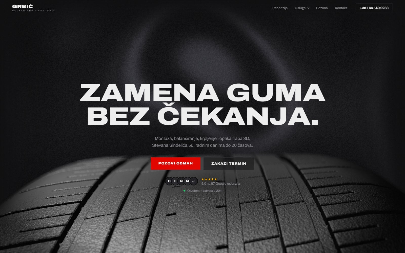 A capture of the Vulkanizer Grbić home page: a 3D tyre in smoke across the whole screen, the shop's name and a call to book.